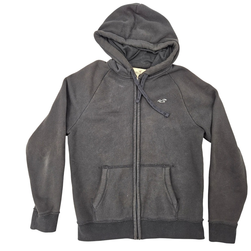 Hollister LARGE Full Zip Hoodie Mens Black Iconic Feel Good Fleece Raglan Casual